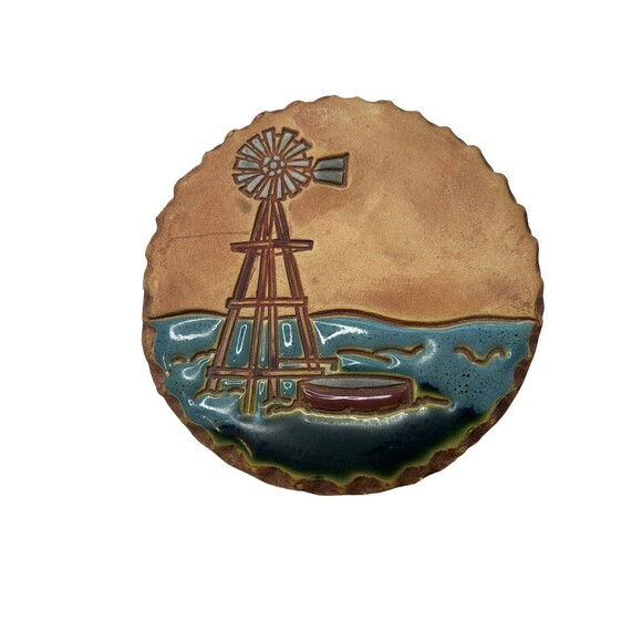 Nan Groves Pottery Bread Warmer Art Disk Round Windmill Wall Hanging Terracotta - Picture 7 of 11